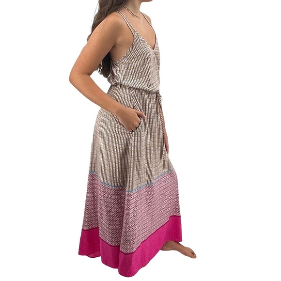 GAP Maxi Dress Tie Waist Sleeveless V-Neck Pockets Mixed Print Rayon Pink | Sz M - Picture 6 of 14